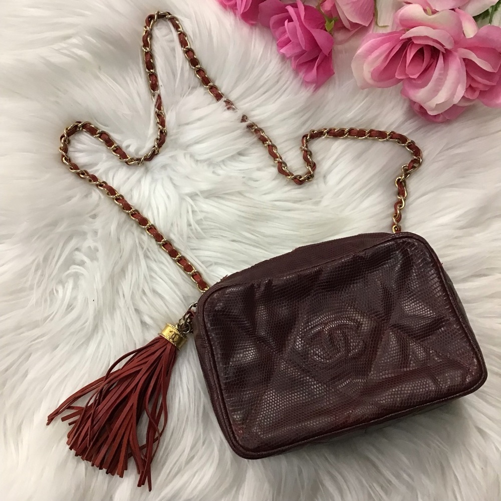 CHANEL Burgundy Leather Crossbody Bag with Tassel